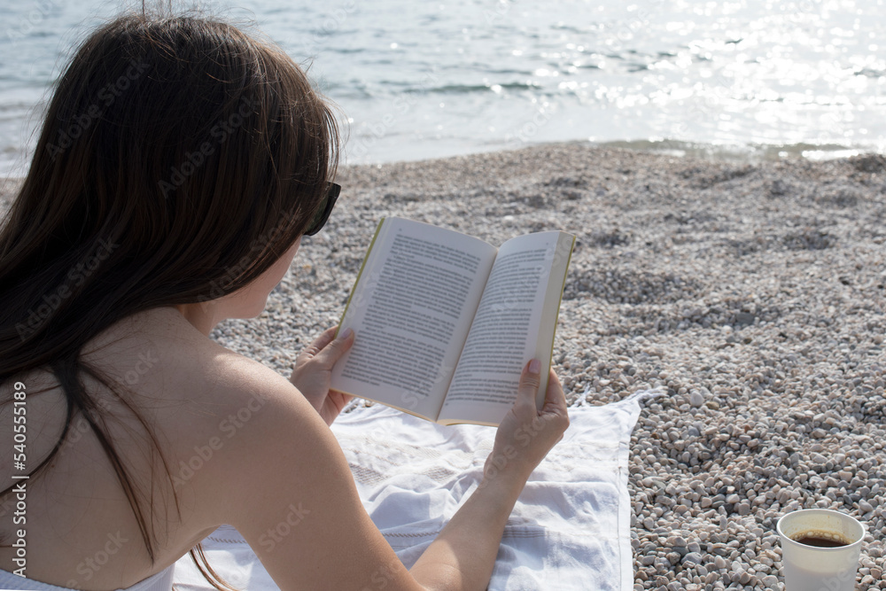 Wall mural young woman reading book at the beach