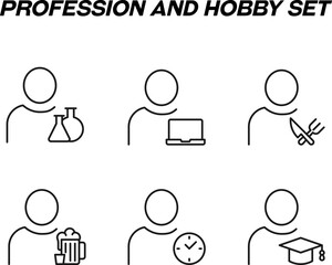 Monochrome signs in flat style for stores, shops, web sites. Editable stroke. Vector line icon set with symbols of lab bulb, laptop, kitchen utensil, beer, clock, academic cap by person