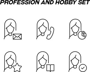 Monochrome signs in flat style for stores, shops, web sites. Editable stroke. Vector line icon set with symbols of envelope, cellphone, pie chart, star, book, checkmark by woman