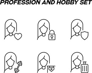 Monochrome signs in flat style for stores, shops, web sites. Editable stroke. Vector line icon set with symbols of heart, lock, shield, weights, hotel, luggage by woman