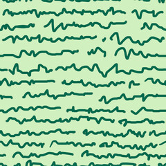 Horizontal modern doodle lines seamless pattern, hand writing imitation.Green ink illustration with thin lines wave stripes background for fashion fabrics,clothes,home decor,cards,templates