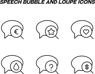 Monochrome signs in flat style for stores, shops, web sites. Editable stroke. Vector line icon set with symbols of euro, star, heart, dollar, water, question in speech bubble and loupe