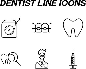 Monochrome signs in flat style for stores, shops, web sites. Editable stroke. Vector line icon set with symbols of dental floss, braces, examine, syringe, dentist