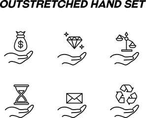 Monochrome signs in flat style for stores, shops, web sites. Editable stroke. Vector line icon set with symbols of dollar, diamond, scales, hourglass, post, recycle over hands