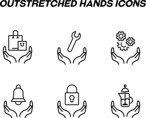 Monochrome signs in flat style for stores, shops, web sites. Editable stroke. Vector line icon set with symbols of bags, screwdriver, gear, belt, lock, tea, French press over hands