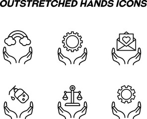 Monochrome signs in flat style for stores, shops, web sites. Editable stroke. Vector line icon set with symbols of rainbow, gear, heart, soap gel, scales, cogwheel over hands