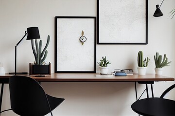 Stylish interior of home office room with black mock up poster map, wooden desk, black chair, clock, books, plants, cacti, office supplies, lamp and personal accessories in modern home decor.