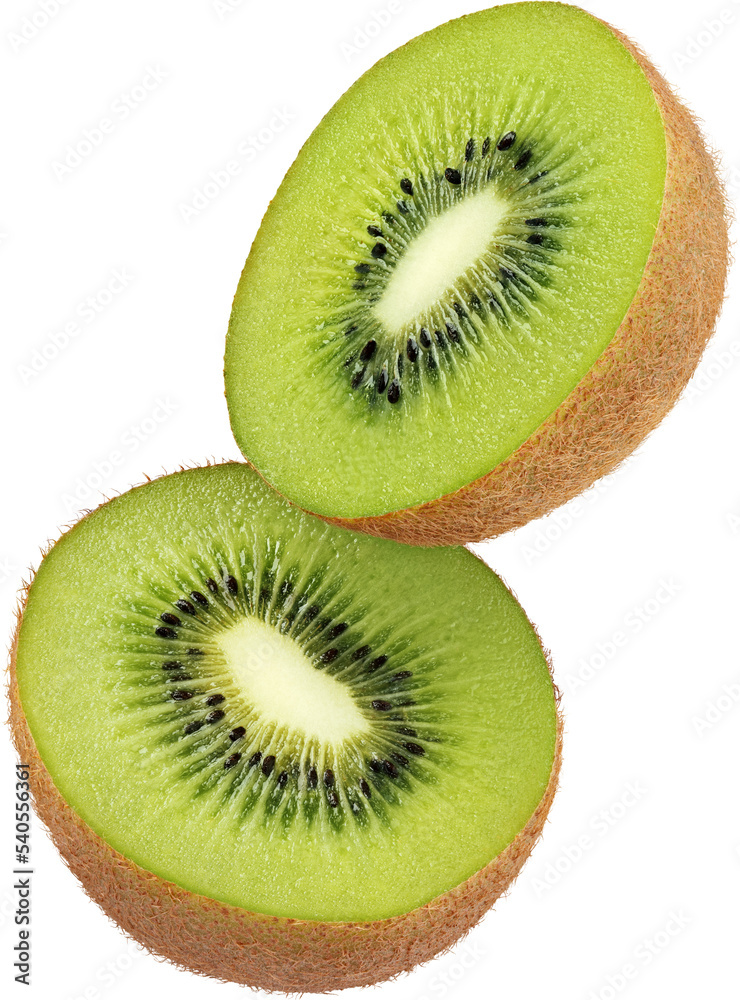 Wall mural halved kiwi fruit flying in the air isolated on transparent background with hairy edges for quick is - Wall murals