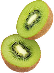 Halved kiwi fruit flying in the air isolated on transparent background with hairy edges for quick...