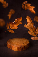 Wooden podium and Dried Yellow Leaves Against Dark. Good for perfume, jew or cosmetic product...