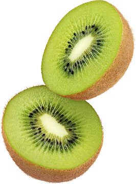 Halved kiwi fruit flying in the air isolated on transparent background with hairy edges for quick isolation. Full depth of field.