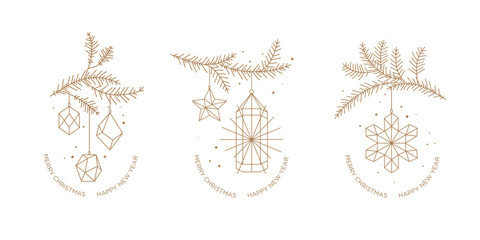 Gold decor on Christmas tree branches. Festive Christmas compositions with decoration and lantern. Geometric shape. Linear illustrations. Vector.