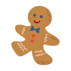 Obraz premium Cute gingerbread man isolated on white. Winter season traditional pastry. Christmas and New Year theme. Flat style hand drawn vector illustration. 