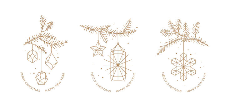 Gold decor on Christmas tree branches. Festive Christmas compositions with decoration and lantern. Geometric shape. Linear illustrations. Vector.