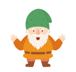 Funny Garden Gnome with Happy Smiling Face. Fairy Tale Personage Isolated On White Background. Cute Elf Character
