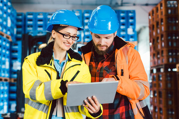 Woman and man as workers in logistics center using computer checking data