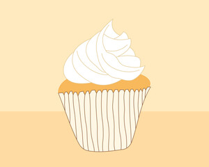 Drawing of a vanilla cupcake with whipped cream, vector illustration