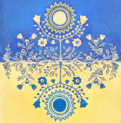 Ukraine banner. Folk pattern in the colors of the national flag of Ukraine. Peace symbol, Stop the war. Support Ukraine