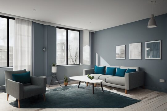 Living room with lounge area. Grey green blue tone walls and very peri or blue color armchair. Modern interior design room home or hotel. Minimal style trend 2023. 3d rendering