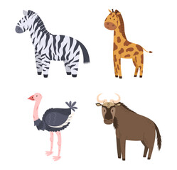 Set of African Safari Animals Ostrich, Giraffe, Buffalo and Zebra Savannah Mammal Isolated on White Background