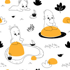 Seamless pattern with cute monsters, puddles and boats. in hand drawn style. Seamless background for nursery decor, fabrics, children's textiles, wrapping paper. Vector Illustration