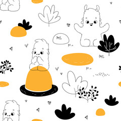 Seamless pattern with cute monsters in forest. in hand drawn style. Seamless background for nursery decor, fabrics, children's textiles, wrapping paper. Vector Illustration