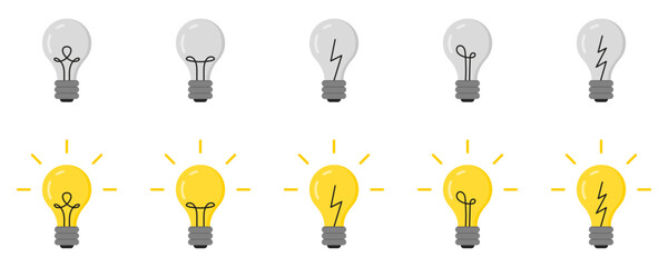 Conjunto de iconos de bombilla encendido y apagado. Concepto de iluminación, brillo, idea creativa, solución. Foco de luz. Ilustración vectorial