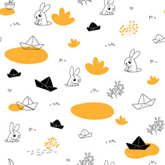 Seamless pattern with cute little rabbits, puddles and boats. in hand drawn style. Seamless background for nursery decor, fabrics, children's textiles, wrapping paper.