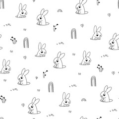 Seamless pattern with cute little rabbits and rainbow in hand drawn style. Seamless background for nursery decor, fabrics, children's textiles, wrapping paper.