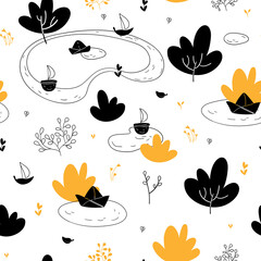 Seamless pattern with puddles and boats in forest. in hand drawn style. Seamless background for nursery decor, fabrics, children's textiles, wrapping paper. Vector Illustration