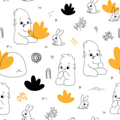 Seamless pattern with cute monsters and rabbits in forest. in hand drawn style. Seamless background for nursery decor, fabrics, children's textiles, wrapping paper. Vector Illustration