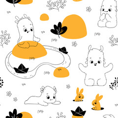 Seamless pattern with cute monsters, rabbits, puddles and boats. in hand drawn style. Seamless background for nursery decor, fabrics, children's textiles, wrapping paper. Vector Illustration