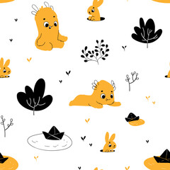 Seamless pattern with cute monsters in forest. in hand drawn style. Seamless background for nursery decor, fabrics, children's textiles, wrapping paper. Vector Illustration