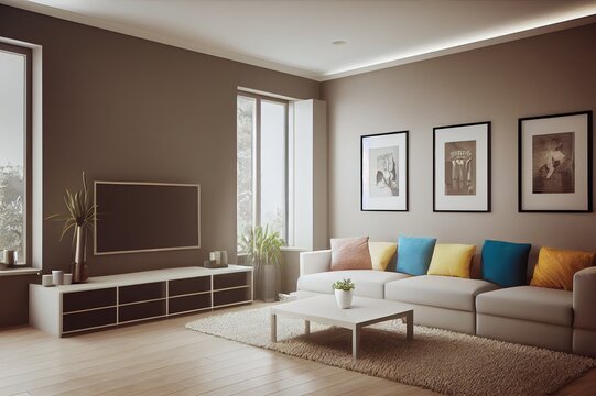 Interior Living Room Wall Mockup 3d Rendering, 3d Illustration