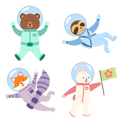 Fototapeta na wymiar Set Of Cute Animals Astronauts In Space. Funny Sloth, Bear, Fox And Rabbit Cosmonauts Wear Space Suits Flying