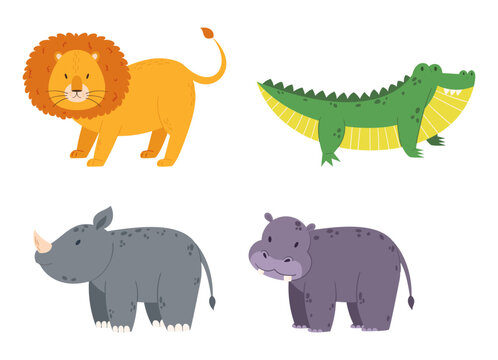 Set of African Safari Animals Lion, Crocodile, Rhinoceros, Hippo Isolated on White Background. Tropical Wildlife