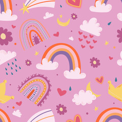 Seamless Pattern with Cartoon Rainbows, Clouds, Stars, Heart , Crown and Flower on Pink Background. Cute Baby Ornament