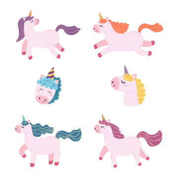 Set of Magic Unicorns, Cute Cartoon Pony Or Horse With Horn And Colorful Mane Isolated Elements For Girl Diary, Birthday