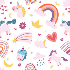 Obraz na płótnie Canvas Seamless Pattern with Magic Unicorns, Rainbows, Heart, Star, Crescent, Clouds, Flower and Crown on White Background
