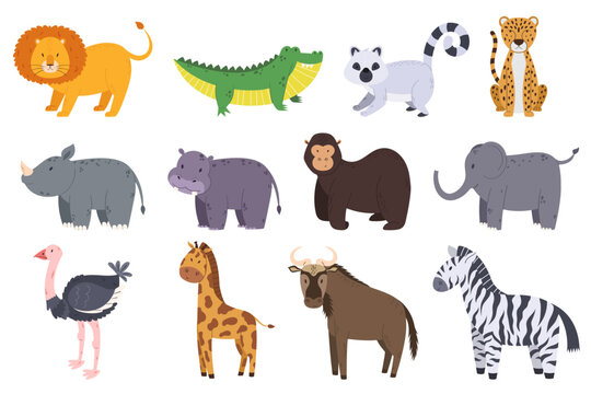 Set of African Safari Animals Lion, Crocodile, Lemur and Cheetah. Rhinoceros, Hippo, Gorilla and Elephant