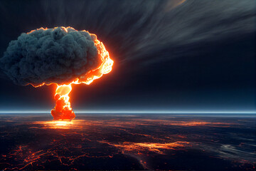 Nuclear bomb explosion. Atomic detonation. modern war. Aerial view planet earth. Bomb nuke weapon. 3d illustration image.