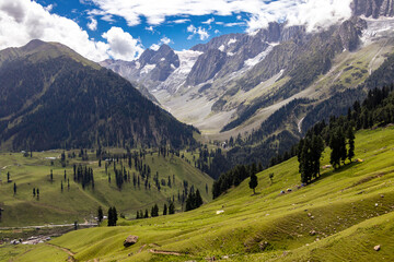 Beautiful Kashmir Landscape. Lush green meadows and mountains of Kashmir