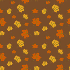 Seamless pattern of multicolored maple leaves on a brown background. Autumn vector pattern. Simple cartoon flat style. Design for textiles, scrapbooking, packaging paper.
