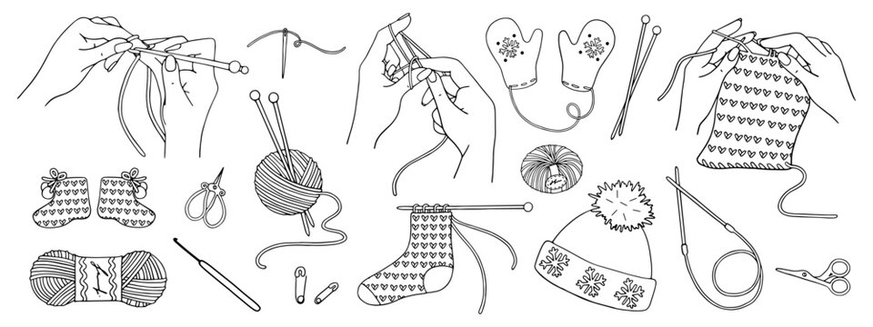 Set of sewing accessories for knitting.Beautiful female hands knit products from yarn.Vector linear sketch.