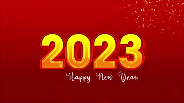 Happy New Year 2023 typography text Reveal from Golden on Glitter Shiny Magic Particles Sparks. For Greeting Card, Celebration, Wishes, Events, Message, holiday, festival concept. decorative theme