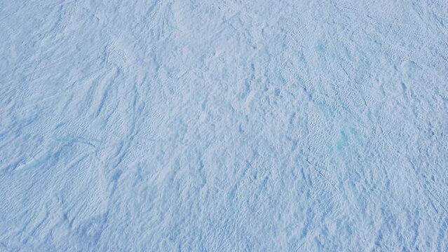 Snow covered antarctic surface aerial view flight. Frozen south pole. Desert white land of snow and ice drone shot. 