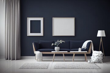 Modern scandinavian interior design of living room with mock up photo frames, navy blue commode, design sofa, flowers in vase and elegant accessories. Stylish home decor. Template. Ready to use.