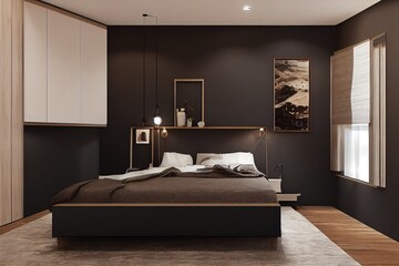 Fototapeta na wymiar Stylish master bedroom interior with black walls, a black bed with two bedside tables and a wooden floor. 3d rendering mock up