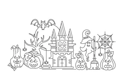 Happy halloween banner. Vector linear background. Pumpkins, castle, ghosts.
