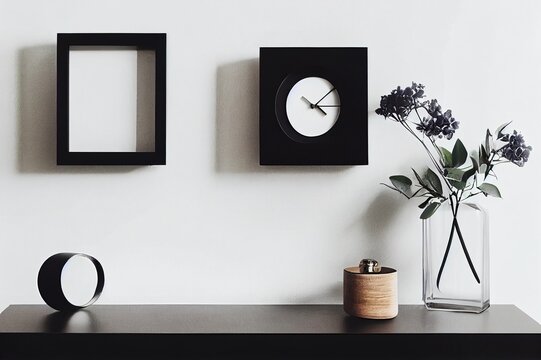 Minimalistic concept on the shelf with black mock up photo frame, dired flower in vase, black clock and elegant personal accessories at stylish home interior.